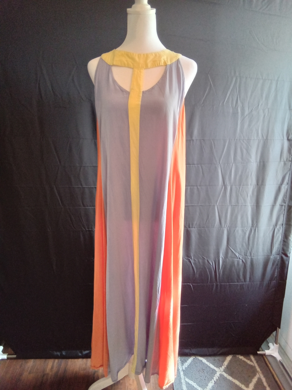 Sleeveless Lavender Maxi Dress with Peach Panels and Yellow Trim